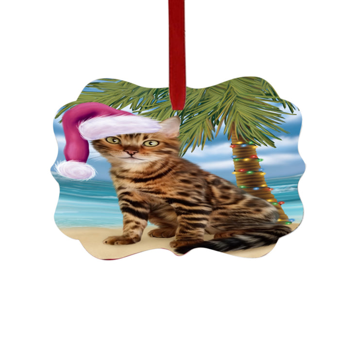 Summertime Happy Holidays Christmas Bengal Cat on Tropical Island Beach Double-Sided Photo Benelux Christmas Ornament LOR49347