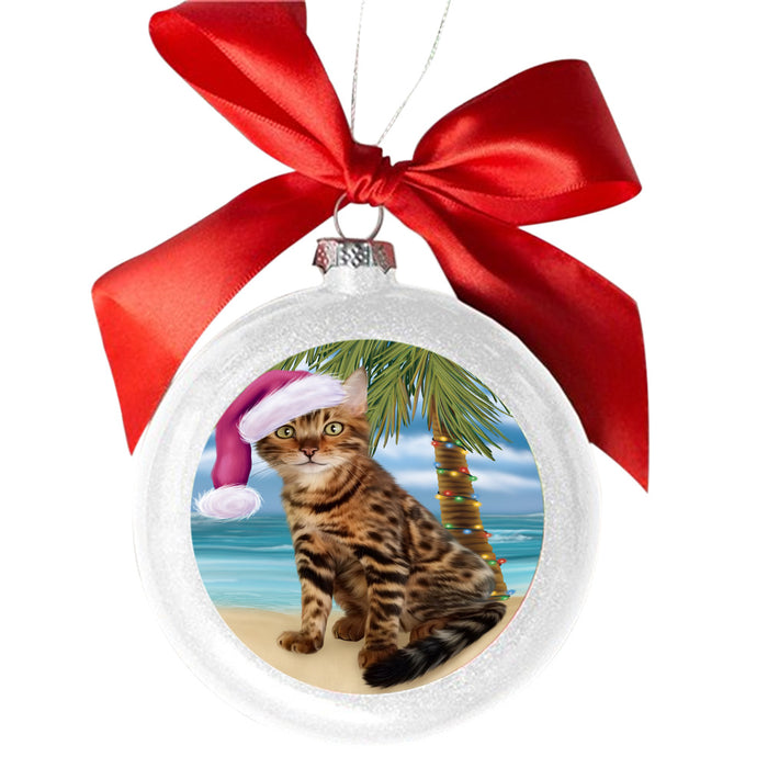 Summertime Happy Holidays Christmas Bengal Cat on Tropical Island Beach White Round Ball Christmas Ornament WBSOR49347