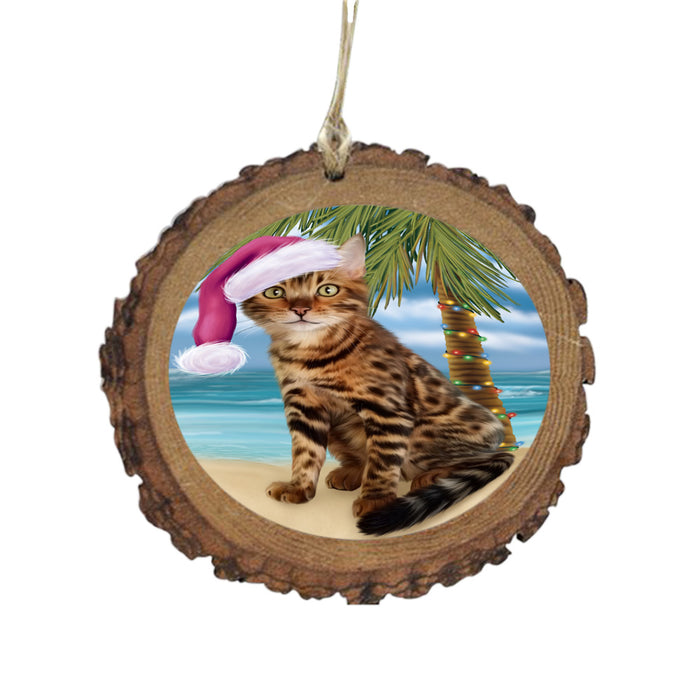 Summertime Happy Holidays Christmas Bengal Cat on Tropical Island Beach Wooden Christmas Ornament WOR49347