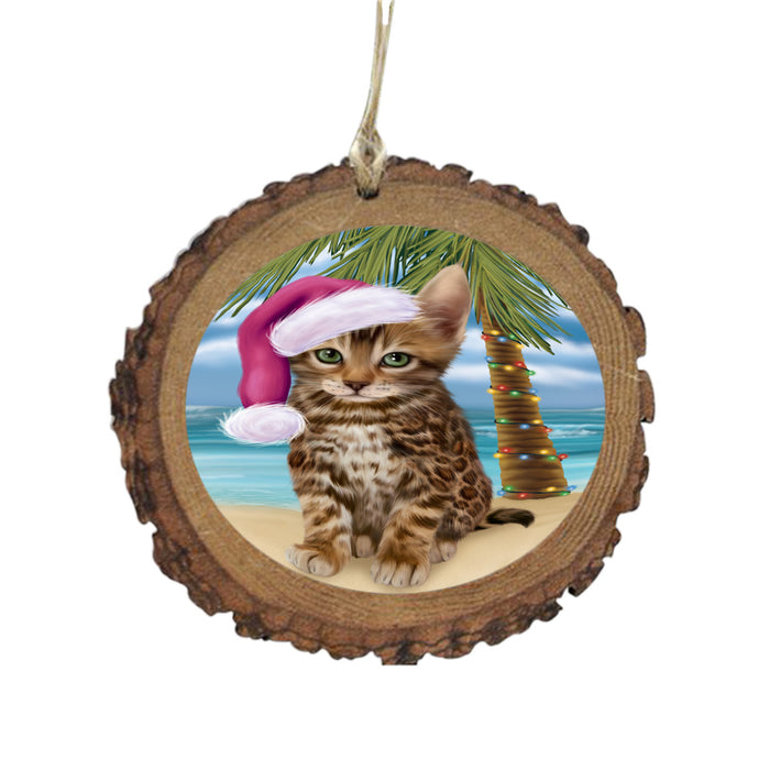 Summertime Happy Holidays Christmas Bengal Cat on Tropical Island Beach Wooden Christmas Ornament WOR49348
