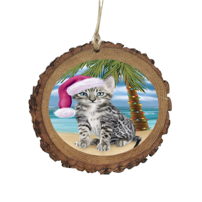 Summertime Happy Holidays Christmas Bengal Cat on Tropical Island Beach Wooden Christmas Ornament WOR49349