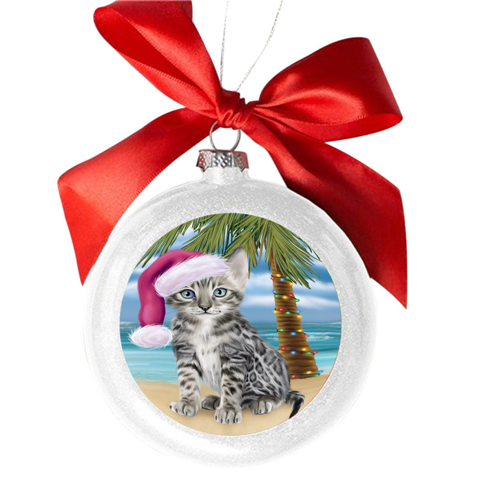 Summertime Happy Holidays Christmas Bengal Cat on Tropical Island Beach White Round Ball Christmas Ornament WBSOR49349