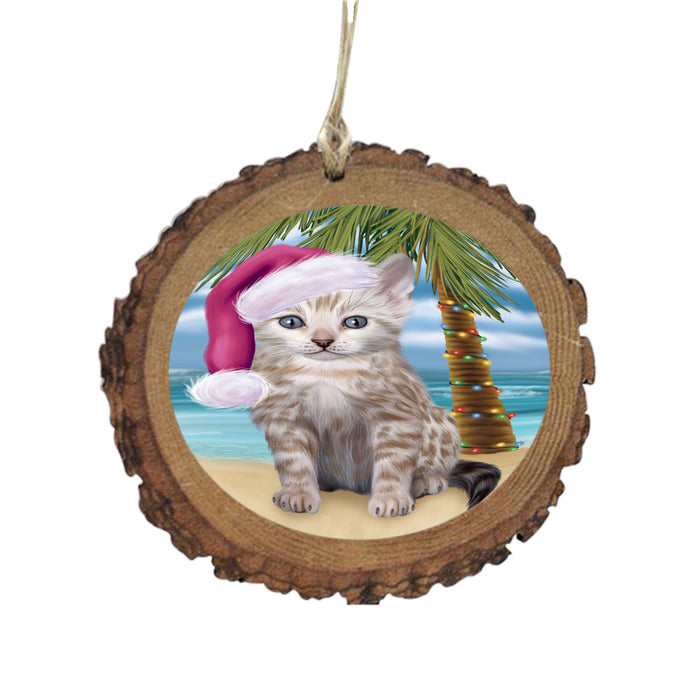 Summertime Happy Holidays Christmas Bengal Cat on Tropical Island Beach Wooden Christmas Ornament WOR49350