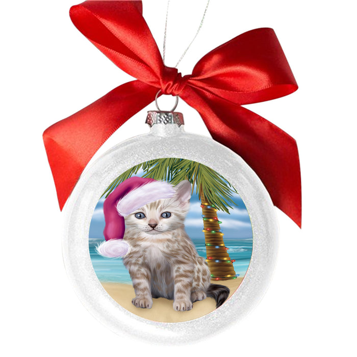 Summertime Happy Holidays Christmas Bengal Cat on Tropical Island Beach White Round Ball Christmas Ornament WBSOR49350
