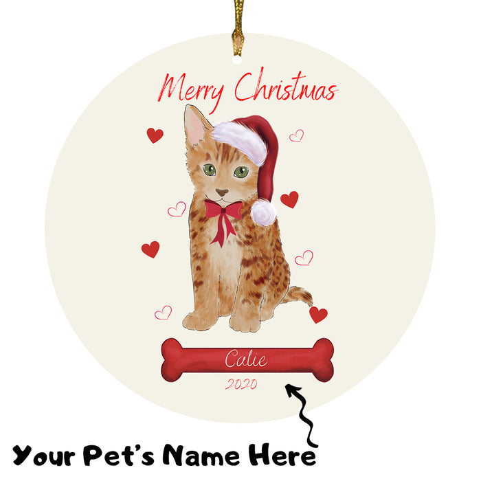 Personalized Merry Christmas  Bengal Cat Christmas Tree Round Flat Ornament RBPOR58914