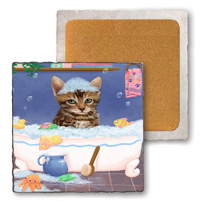 Rub A Dub Dog In A Tub Bengal Cat Set of 4 Natural Stone Marble Tile Coasters MCST52305