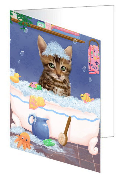 Rub A Dub Dog In A Tub Bengal Cat Handmade Artwork Assorted Pets Greeting Cards and Note Cards with Envelopes for All Occasions and Holiday Seasons GCD79229