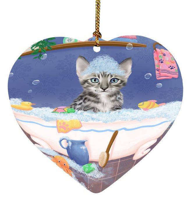 Rub A Dub Dog In A Tub Bengal Cat Heart Christmas Ornament HPORA58546