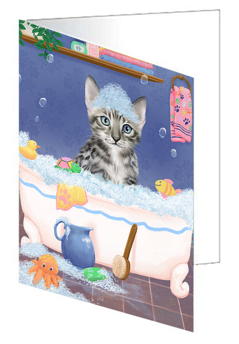 Rub A Dub Dog In A Tub Bengal Cat Handmade Artwork Assorted Pets Greeting Cards and Note Cards with Envelopes for All Occasions and Holiday Seasons GCD79232