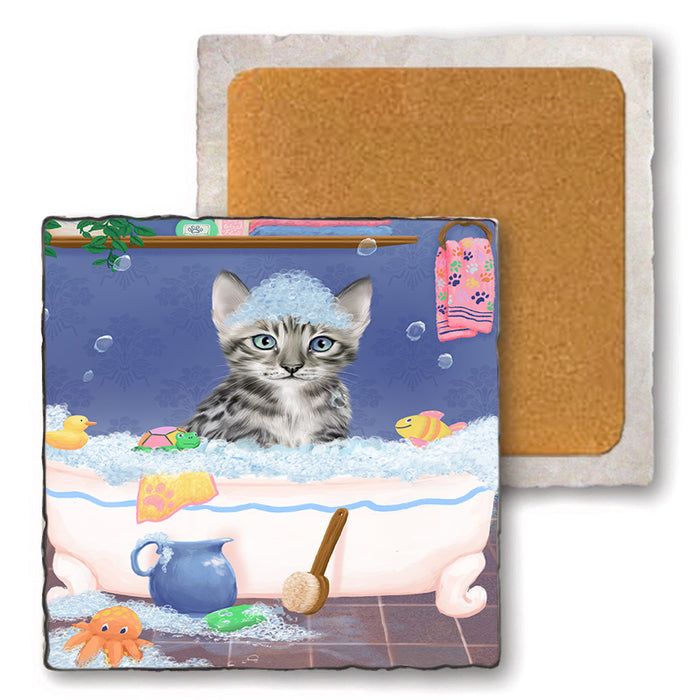 Rub A Dub Dog In A Tub Bengal Cat Set of 4 Natural Stone Marble Tile Coasters MCST52306
