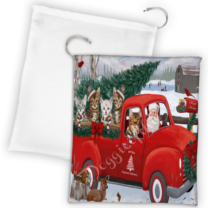 Christmas Santa Express Delivery Red Truck Bengal Cats Drawstring Laundry or Gift Bag LGB48278