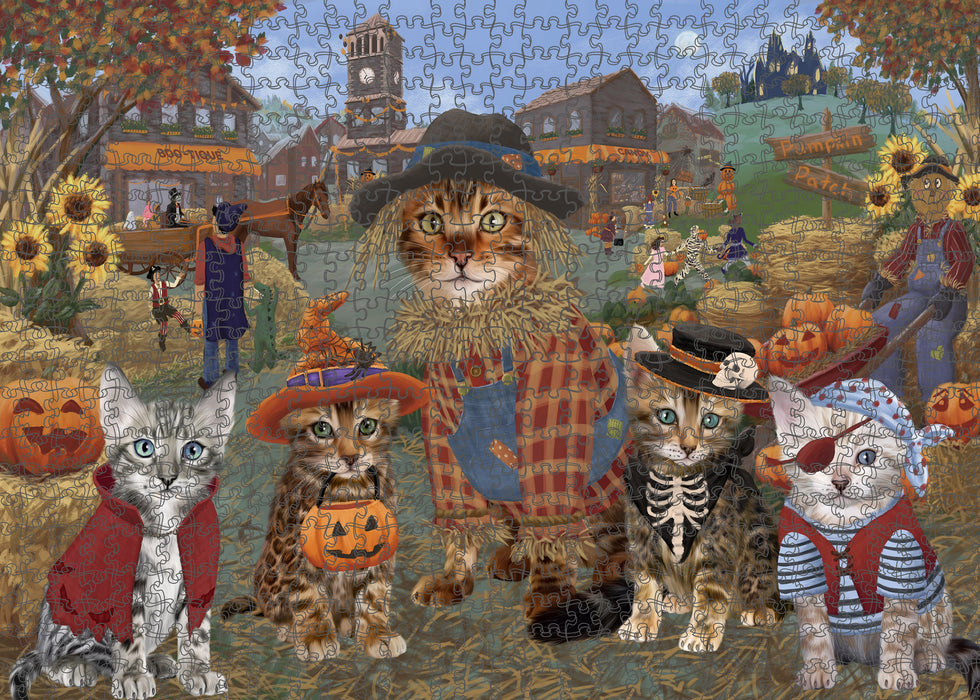 Halloween 'Round Town And Fall Pumpkin Scarecrow Both Bengal Cats Puzzle with Photo Tin PUZL96188
