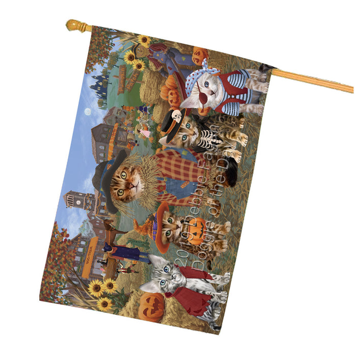 Halloween 'Round Town And Fall Pumpkin Scarecrow Both Bengal Cats House Flag FLG65626