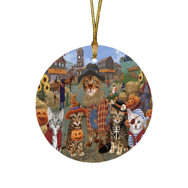 Halloween 'Round Town And Fall Pumpkin Scarecrow Both Bengal Cats Round Flat Christmas Ornament RFPOR57374