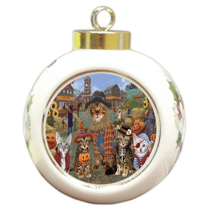 Halloween 'Round Town And Fall Pumpkin Scarecrow Both Bengal Cats Round Ball Christmas Ornament RBPOR57374