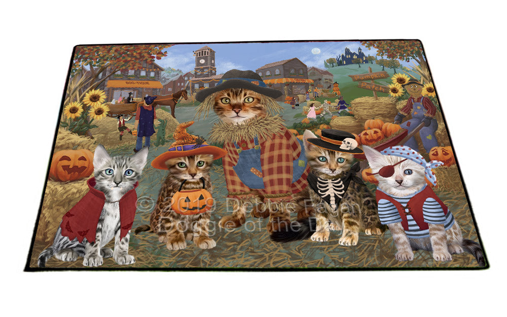 Halloween 'Round Town And Fall Pumpkin Scarecrow Both Bengal Cats Floormat FLMS53855