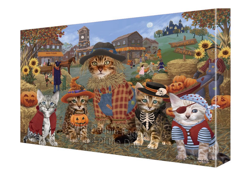 Halloween 'Round Town And Fall Pumpkin Scarecrow Both Bengal Cats Canvas Print Wall Art Décor CVS139319