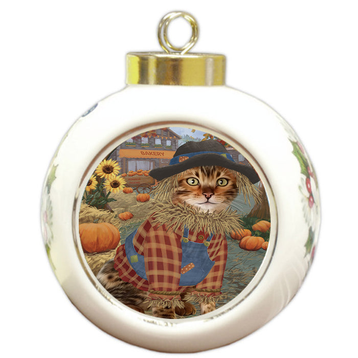 Halloween 'Round Town And Fall Pumpkin Scarecrow Both Bengal Cats Round Ball Christmas Ornament RBPOR57435
