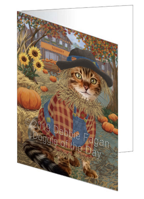 Fall Pumpkin Scarecrow Bengal Cat Handmade Artwork Assorted Pets Greeting Cards and Note Cards with Envelopes for All Occasions and Holiday Seasons GCD77939
