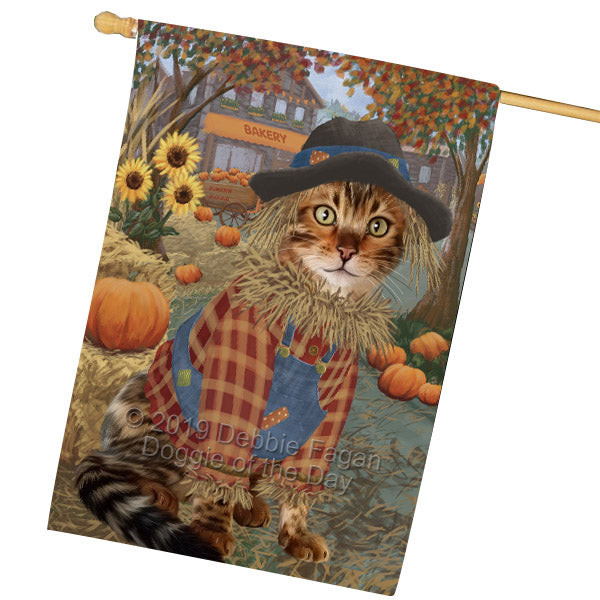 Halloween 'Round Town And Fall Pumpkin Scarecrow Both Bengal Cats House Flag FLG65687