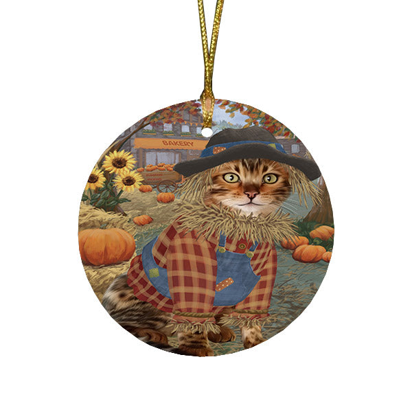 Halloween 'Round Town And Fall Pumpkin Scarecrow Both Bengal Cats Round Flat Christmas Ornament RFPOR57435