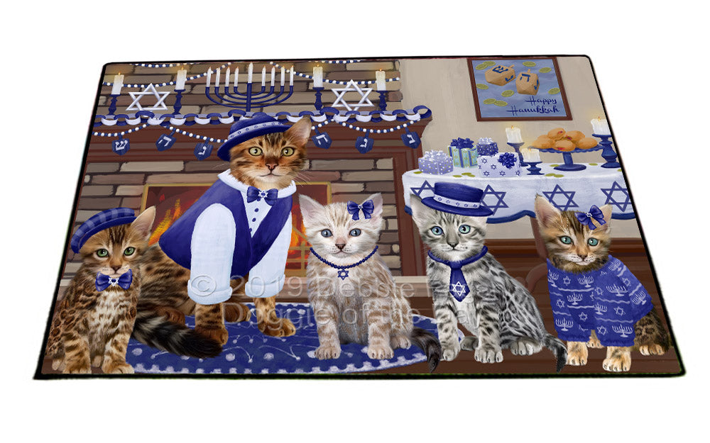 Happy Hanukkah Family and Happy Hanukkah Both Bengal Cats Floormat FLMS54038