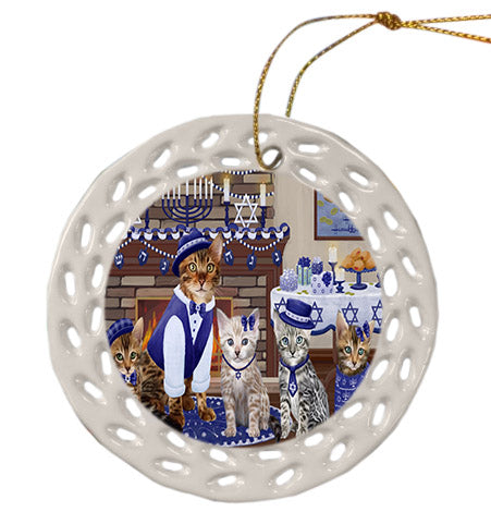 Happy Hanukkah Family Bengal Cats Ceramic Doily Ornament DPOR57592