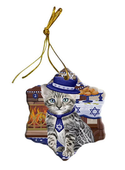 Happy Hanukkah Bengal Cat Star Porcelain Ornament SPOR57648