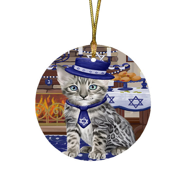 Happy Hanukkah Family and Happy Hanukkah Both Bengal Cat Round Flat Christmas Ornament RFPOR57552
