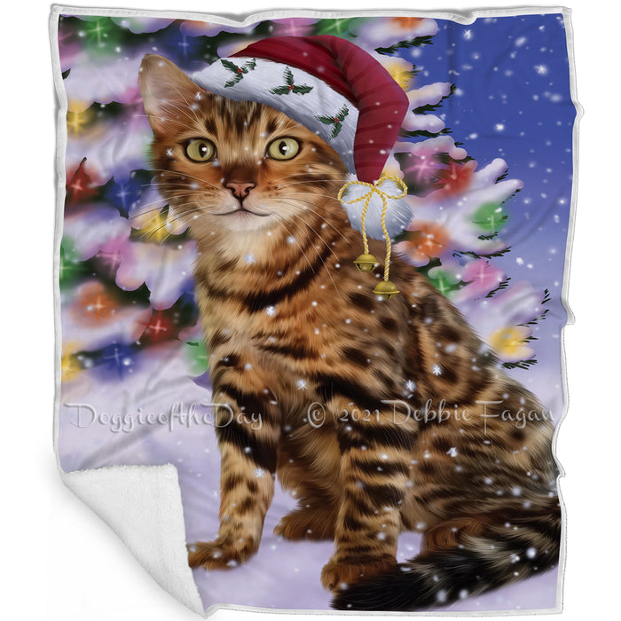 Winterland Wonderland Bengal Cat In Christmas Holiday Scenic Background Blanket BLNKT100929