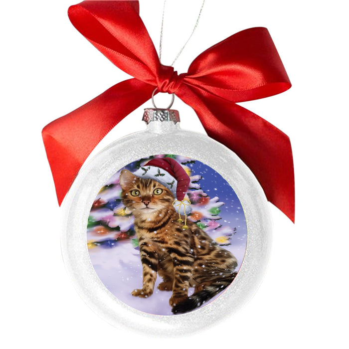 Winterland Wonderland Bengal Cat In Christmas Holiday Scenic Background White Round Ball Christmas Ornament WBSOR49512