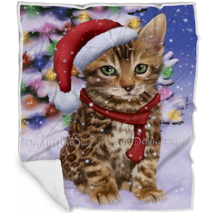Winterland Wonderland Bengal Cat In Christmas Holiday Scenic Background Blanket BLNKT100938