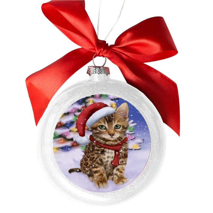Winterland Wonderland Bengal Cat In Christmas Holiday Scenic Background White Round Ball Christmas Ornament WBSOR49513