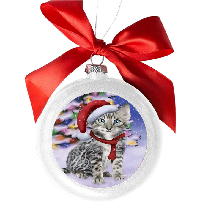 Winterland Wonderland Bengal Cat In Christmas Holiday Scenic Background White Round Ball Christmas Ornament WBSOR49514