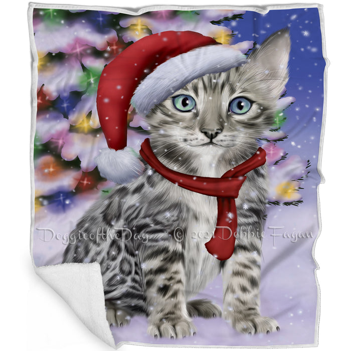 Winterland Wonderland Bengal Cat In Christmas Holiday Scenic Background Blanket BLNKT100947