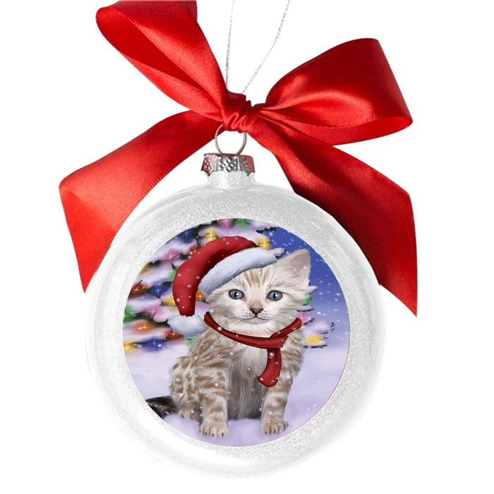 Winterland Wonderland Bengal Cat In Christmas Holiday Scenic Background White Round Ball Christmas Ornament WBSOR49515