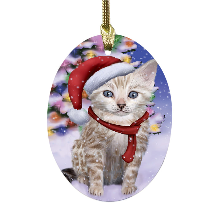 Winterland Wonderland Bengal Cat In Christmas Holiday Scenic Background Oval Glass Christmas Ornament OGOR49515