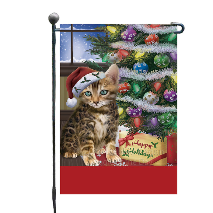 Personalized Christmas Happy Holidays Bengal Cat with Tree and Presents Custom Garden Flags GFLG-DOTD-A58592