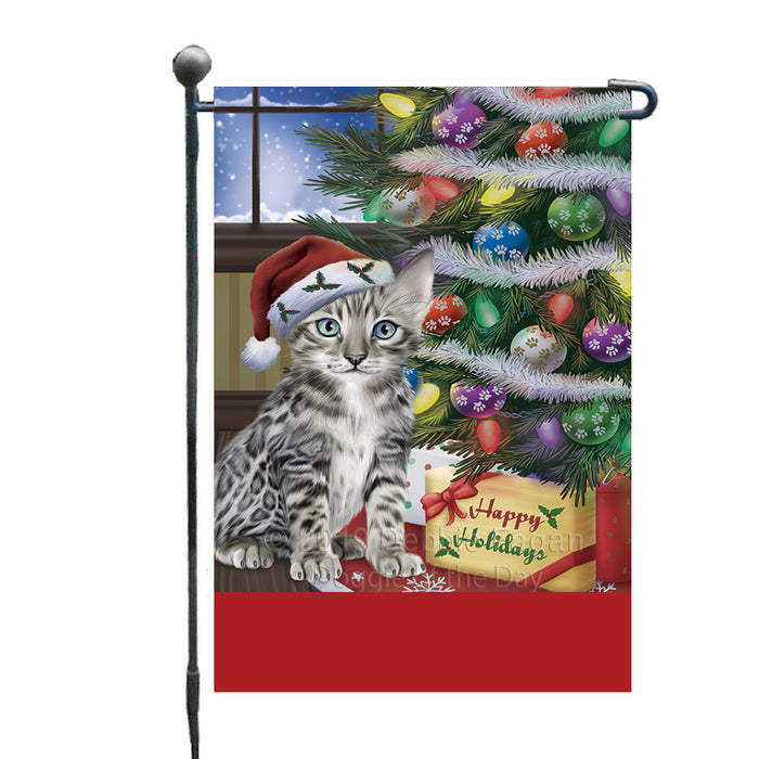 Personalized Christmas Happy Holidays Bengal Cat with Tree and Presents Custom Garden Flags GFLG-DOTD-A58593
