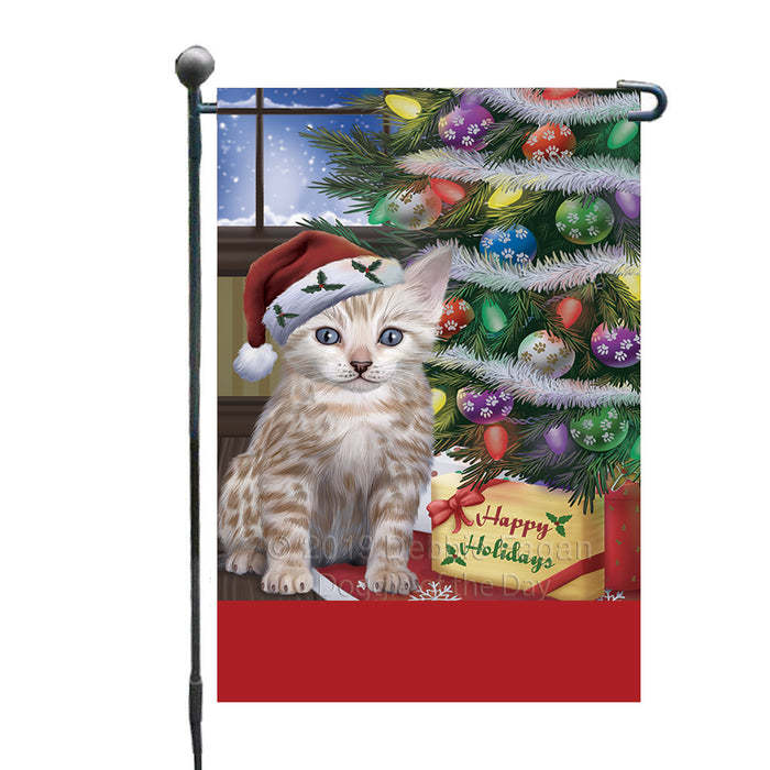 Personalized Christmas Happy Holidays Bengal Cat with Tree and Presents Custom Garden Flags GFLG-DOTD-A58594