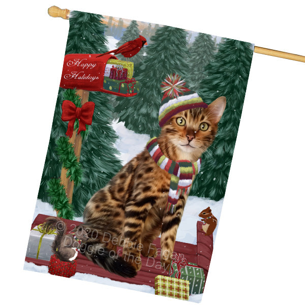 Christmas Woodland Sled Bengal Cat House Flag Outdoor Decorative Double Sided Pet Portrait Weather Resistant Premium Quality Animal Printed Home Decorative Flags 100% Polyester FLG69547