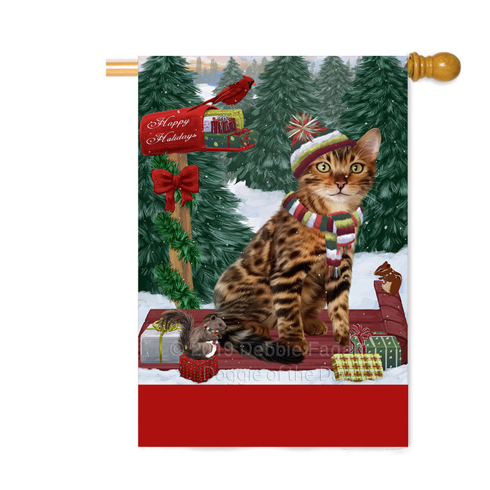 Personalized Merry Christmas Woodland Sled Bengal Cat Custom House Flag FLG-DOTD-A61552
