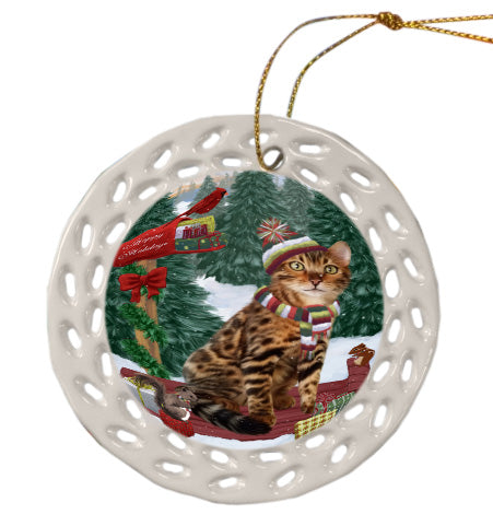 Christmas Woodland Sled Bengal Cat Doily Ornament DPOR59045