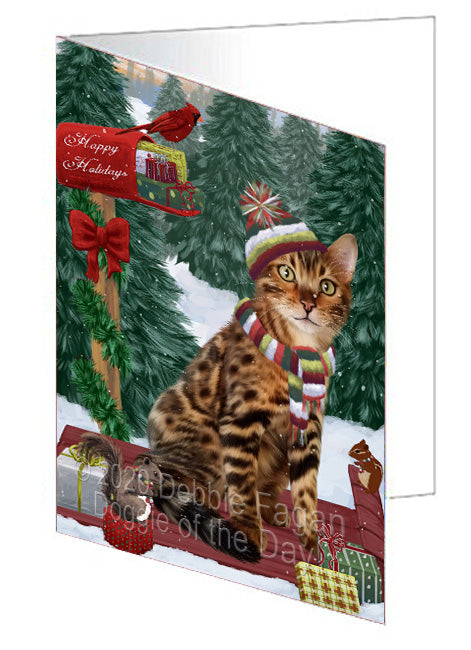 Christmas Woodland Sled Bengal Cat Handmade Artwork Assorted Pets Greeting Cards and Note Cards with Envelopes for All Occasions and Holiday Seasons