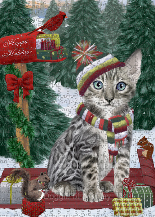 Christmas Woodland Sled Bengal Cat Portrait Jigsaw Puzzle for Adults Animal Interlocking Puzzle Game Unique Gift for Dog Lover's with Metal Tin Box PZL873