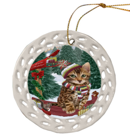 Christmas Woodland Sled Bengal Cat Doily Ornament DPOR59046