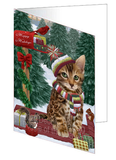 Christmas Woodland Sled Bengal Cat Handmade Artwork Assorted Pets Greeting Cards and Note Cards with Envelopes for All Occasions and Holiday Seasons