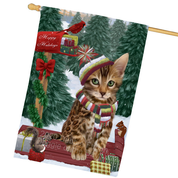 Christmas Woodland Sled Bengal Cat House Flag Outdoor Decorative Double Sided Pet Portrait Weather Resistant Premium Quality Animal Printed Home Decorative Flags 100% Polyester FLG69548