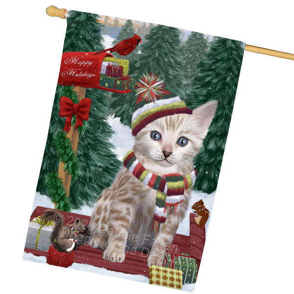 Christmas Woodland Sled Bengal Cat House Flag Outdoor Decorative Double Sided Pet Portrait Weather Resistant Premium Quality Animal Printed Home Decorative Flags 100% Polyester FLG69549