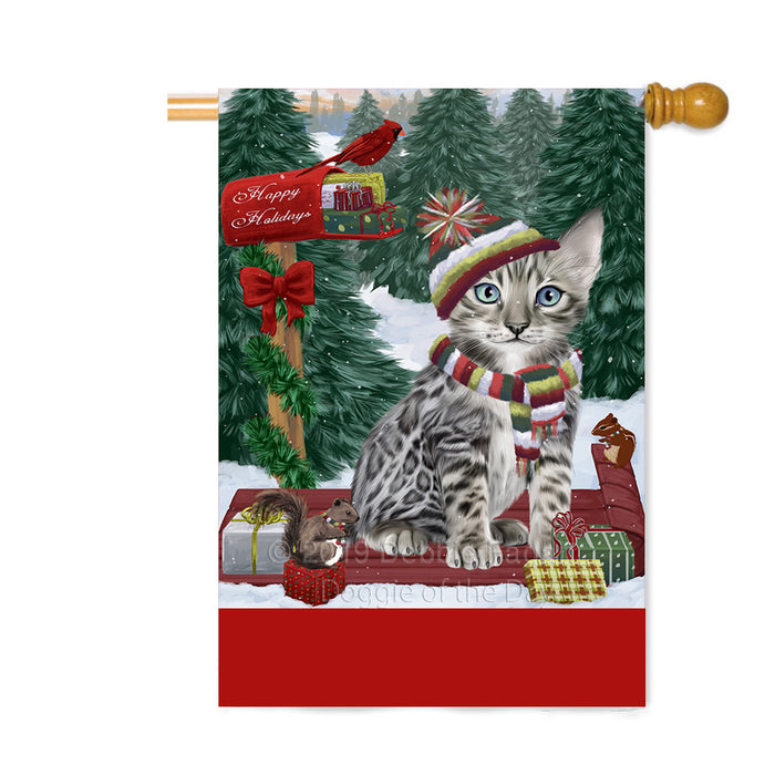 Personalized Merry Christmas Woodland Sled Bengal Cat Custom House Flag FLG-DOTD-A61555